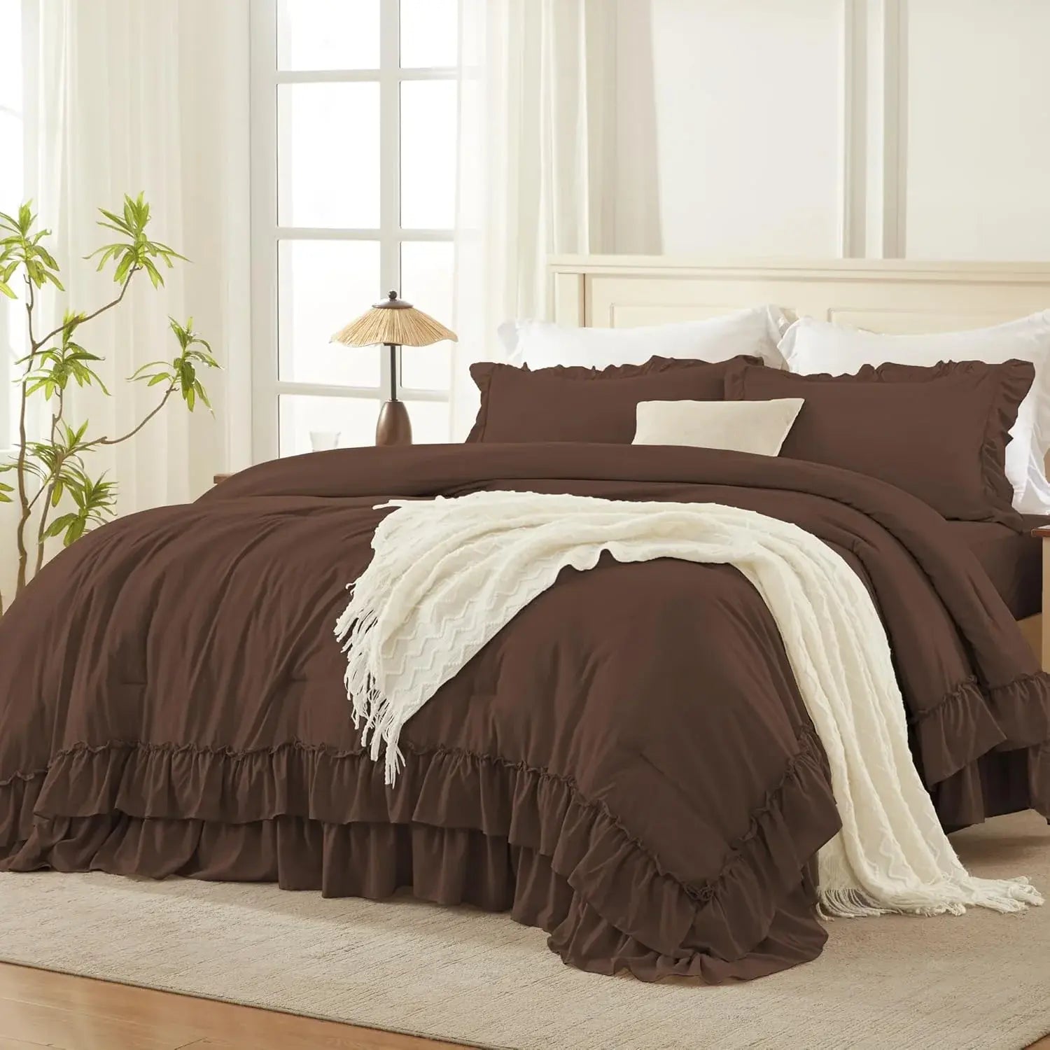 Andency Ruffle Comforter Set 3Pcs Vintage Farmhouse Shabby Chic Bedding Ultra Soft Microfiber All Season Cozy Sleep Double Ruffle Design