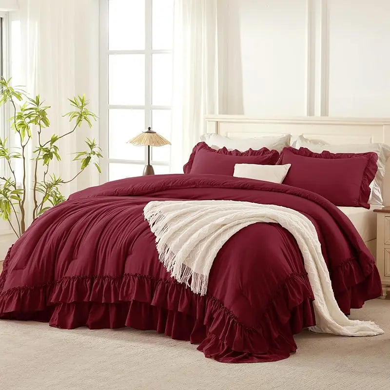 Andency Ruffle Comforter Set 3Pcs Vintage Farmhouse Shabby Chic Bedding Ultra Soft Microfiber All Season Cozy Sleep Double Ruffle Design