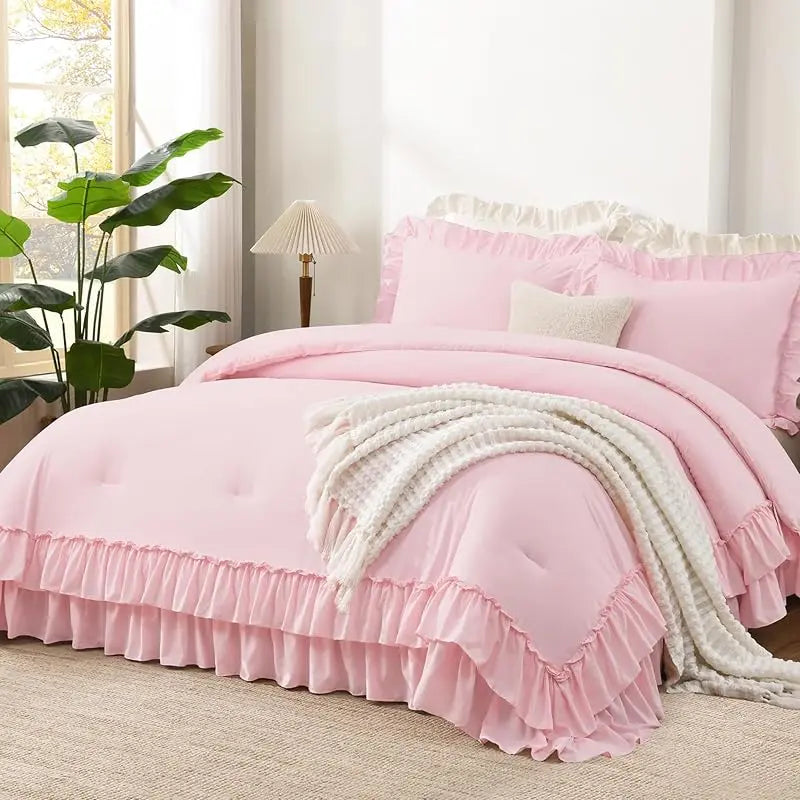 Andency Ruffle Comforter Set 3Pcs Vintage Farmhouse Shabby Chic Bedding Ultra Soft Microfiber All Season Cozy Sleep Double Ruffle Design