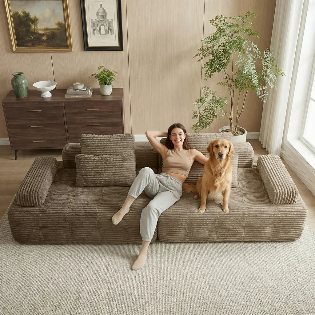 【2 Packages Shipping】Oversized Corduroy Cloud Modular Sectional Sofa, Vacuum Compressed Pet Friendly Boneless Cloud Couch, Cozy Comfy Loveseat Sofa, Ideal for Living Room & Small Apartment, Free Gifts Included, Summer Vibe Home Furniture