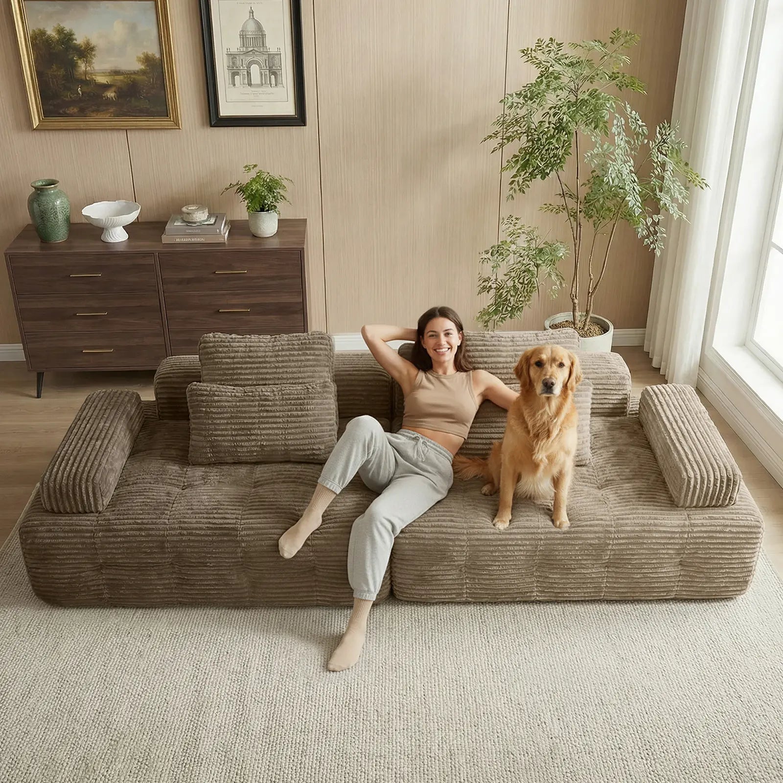 【2 Packages Shipping】Oversized Corduroy Cloud Modular Sectional Sofa, Vacuum Compressed Pet Friendly Boneless Cloud Couch, Cozy Comfy Loveseat Sofa, Ideal for Living Room & Small Apartment, Free Gifts Included, Summer Vibe Home Furniture