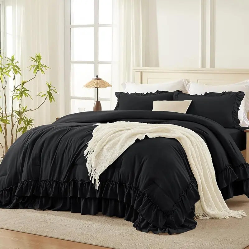 Andency Ruffle Comforter Set 3Pcs Vintage Farmhouse Shabby Chic Bedding Ultra Soft Microfiber All Season Cozy Sleep Double Ruffle Design