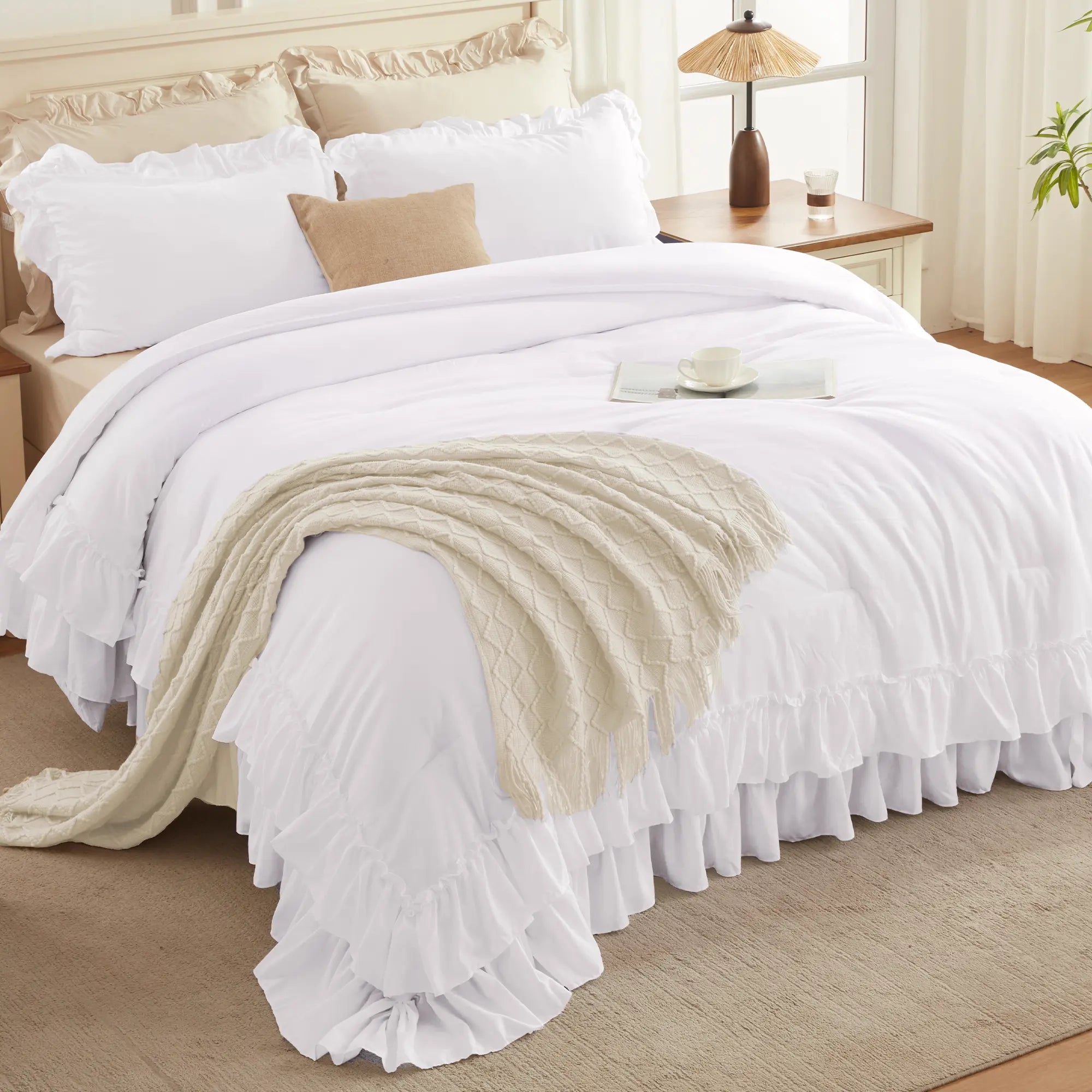 Andency Ruffle Comforter Set 3Pcs Vintage Farmhouse Shabby Chic Bedding Ultra Soft Microfiber All Season Cozy Sleep Double Ruffle Design