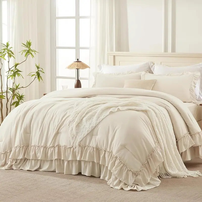 Andency Ruffle Comforter Set 3Pcs Vintage Farmhouse Shabby Chic Bedding Ultra Soft Microfiber All Season Cozy Sleep Double Ruffle Design