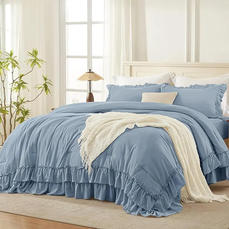 Andency Ruffle Comforter Set 3Pcs Vintage Farmhouse Shabby Chic Bedding Ultra Soft Microfiber All Season Cozy Sleep Double Ruffle Design