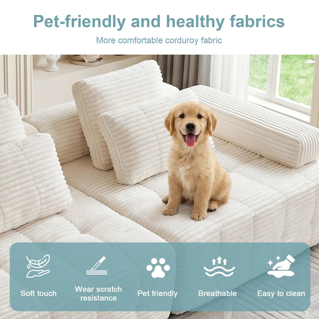 【2 Packages Shipping】Oversized Corduroy Cloud Modular Sectional Sofa, Vacuum Compressed Pet Friendly Boneless Cloud Couch, Cozy Comfy Loveseat Sofa, Ideal for Living Room & Small Apartment, Free Gifts Included, Summer Vibe Home Furniture