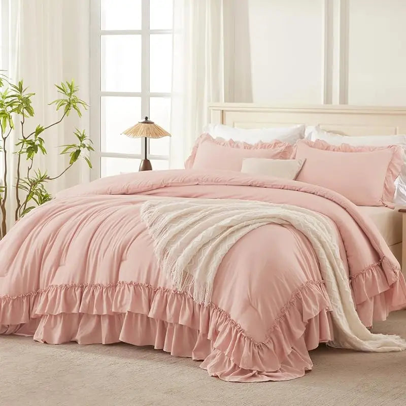 Andency Ruffle Comforter Set 3Pcs Vintage Farmhouse Shabby Chic Bedding Ultra Soft Microfiber All Season Cozy Sleep Double Ruffle Design